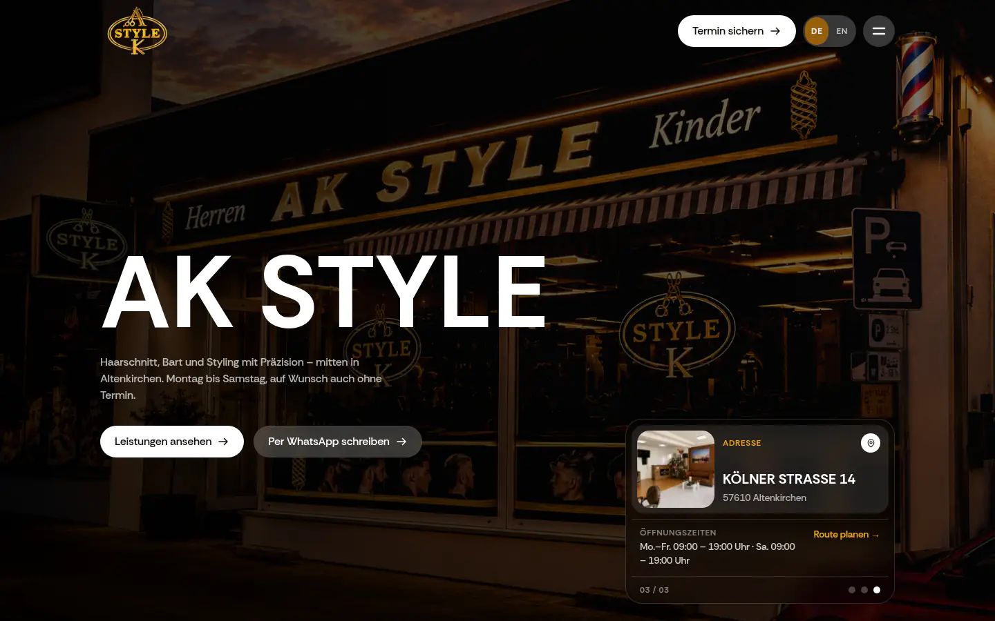 AK Style homepage with address, opening hours and booking actions