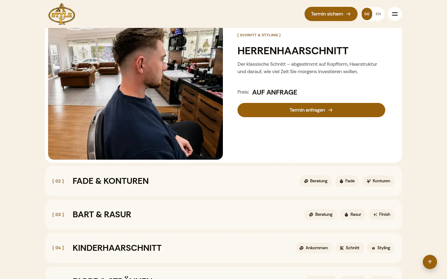 Service list covering fades, beard work and children's cuts