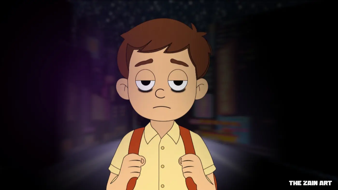 The boy walking home under harsh street lighting