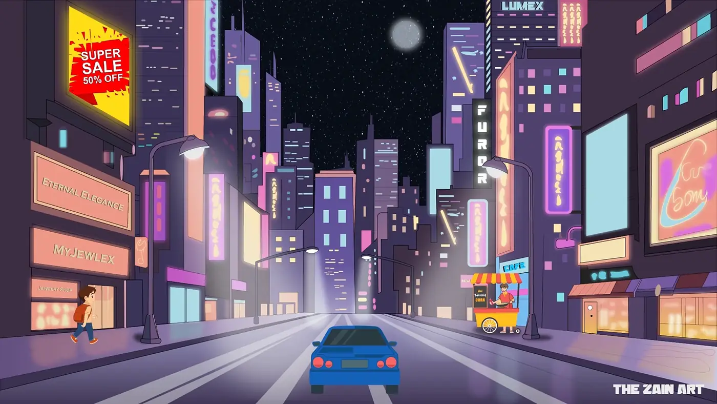 Neon-lit avenue frame from the animated short