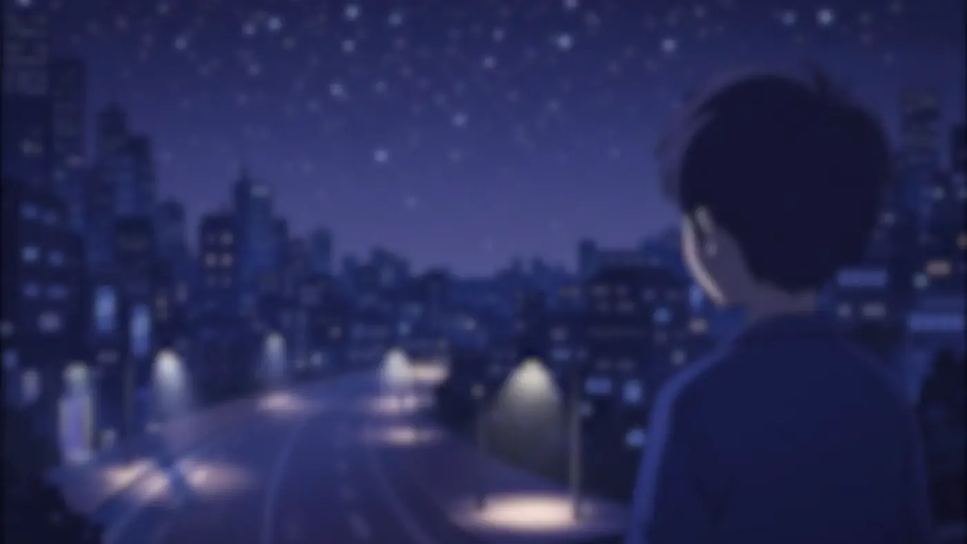 The boy looking out over a glowing city skyline