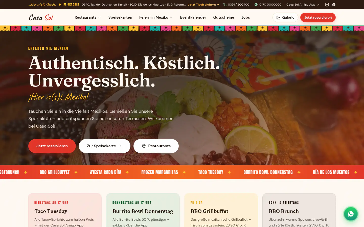 Casa Sol homepage with the weekly deals ticker