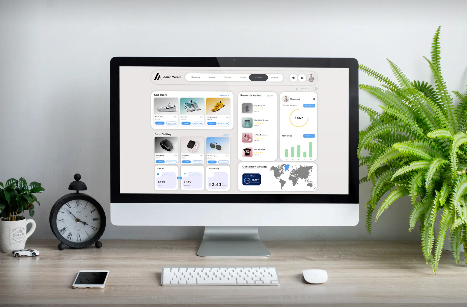 E-commerce admin dashboard on a desktop monitor