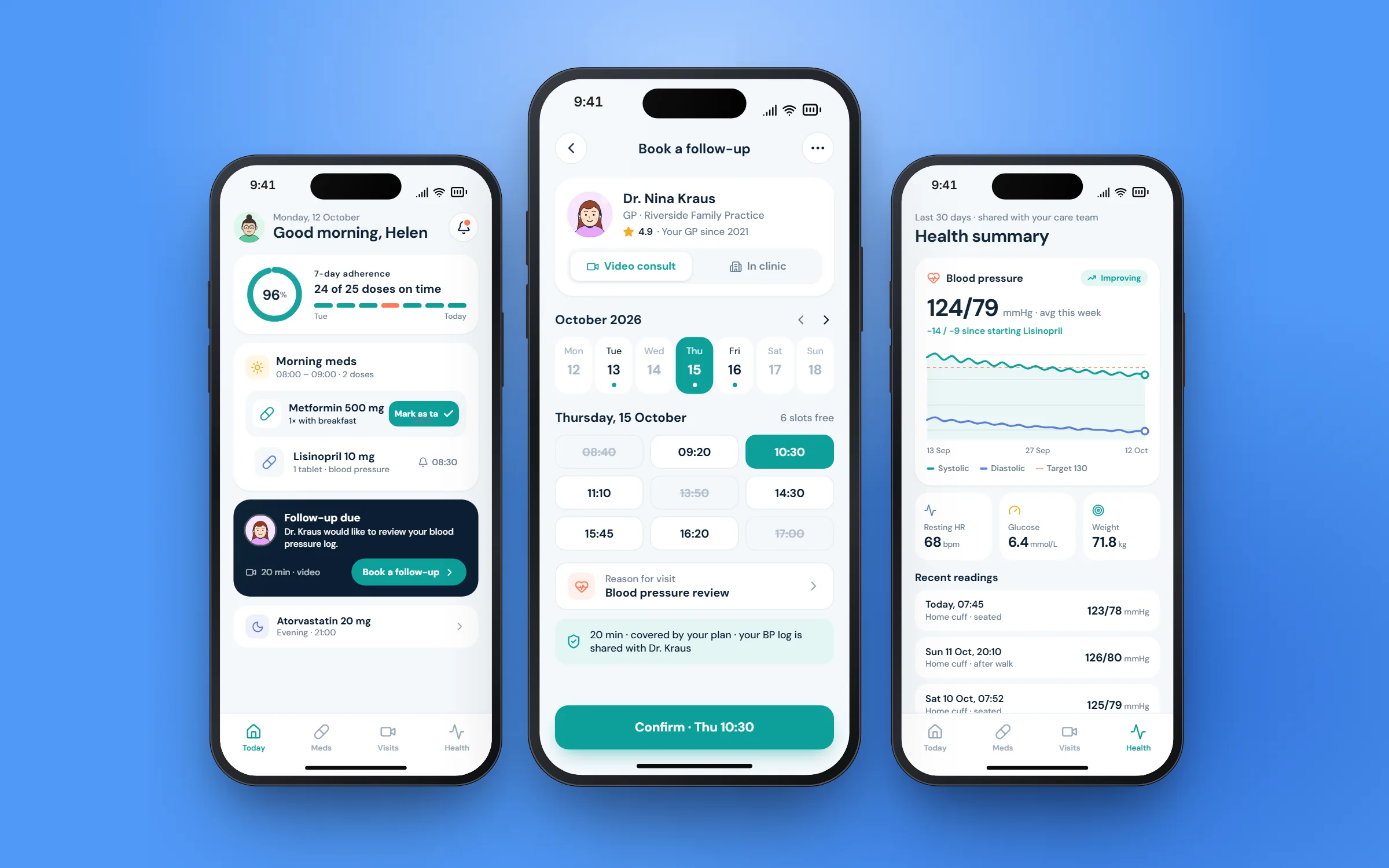 Three Halo Health screens: morning medication, booking a follow-up and a blood-pressure summary