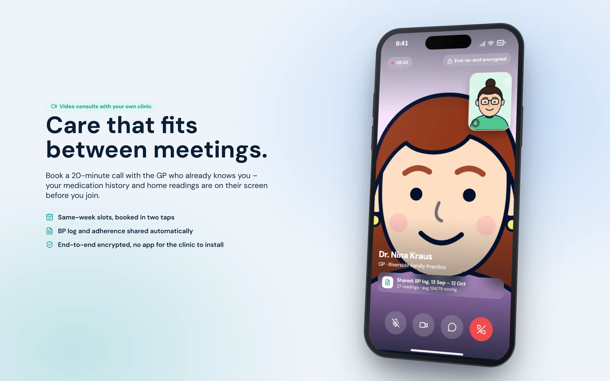 Video consultation with the GP, with picture-in-picture self view and call controls