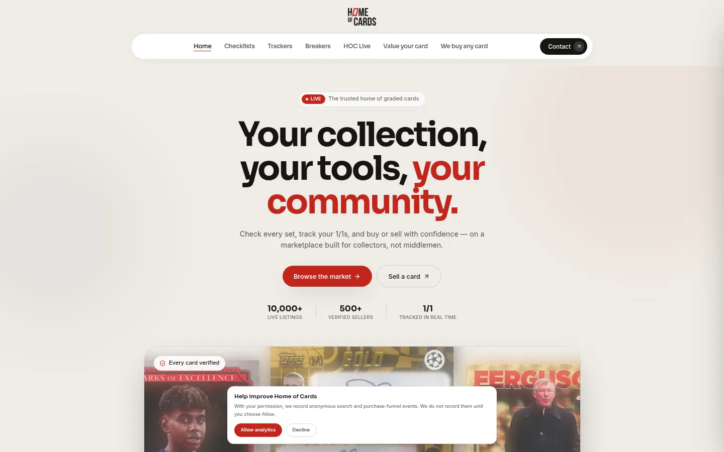 Home of Cards homepage with the 'Your collection, your tools, your community' hero