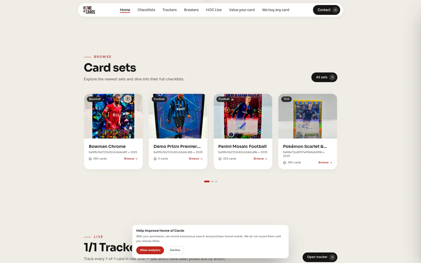 Card sets browser and the 1/1 tracker tool
