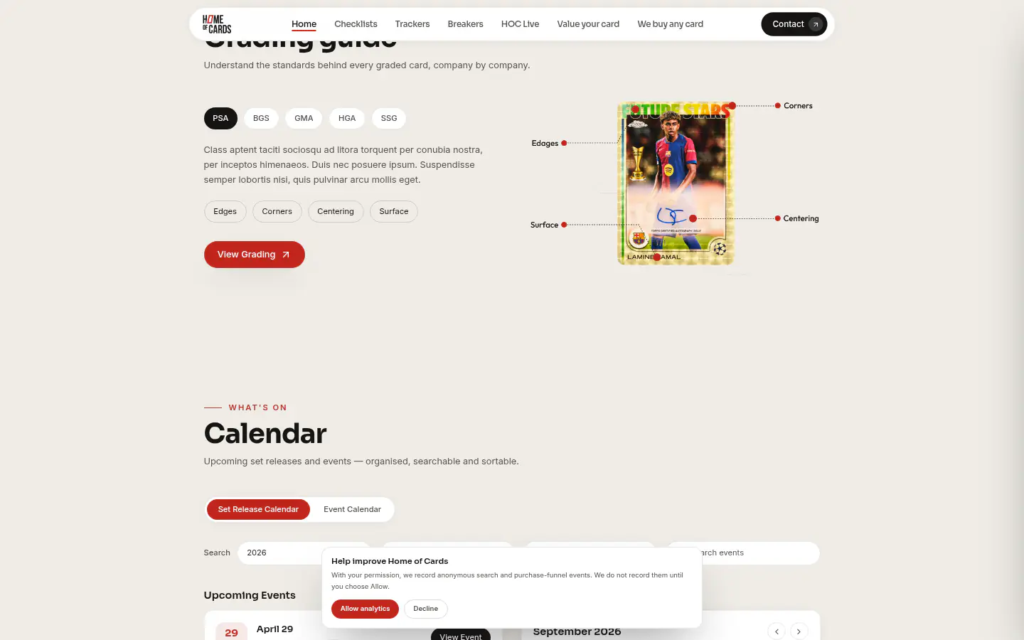 Grading guide, release calendar and community forum sections