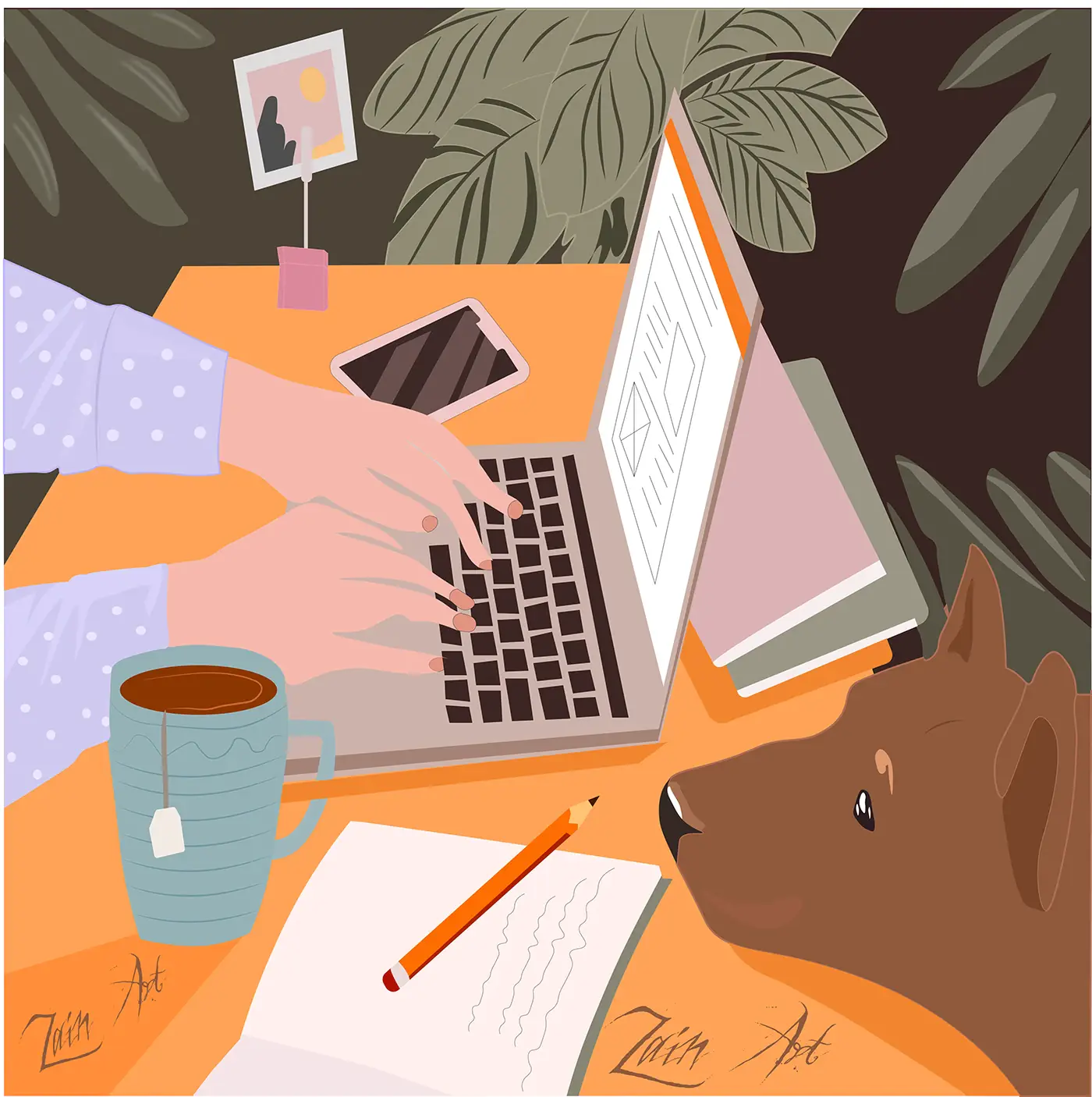 Illustration of hands typing at a desk with a dog nearby