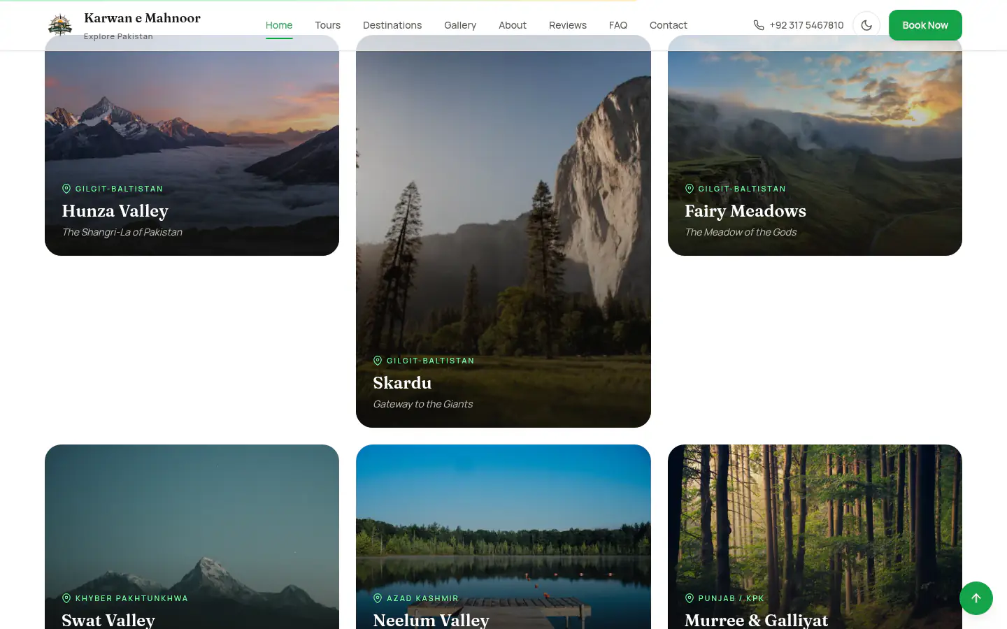 Destination cards for Hunza, Skardu, Fairy Meadows and more