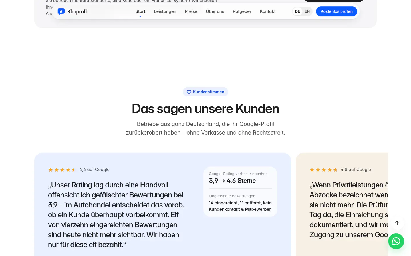 Customer testimonials with before and after ratings