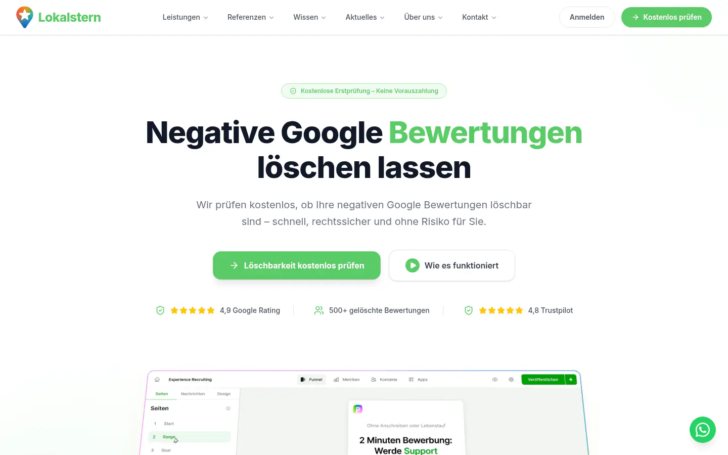 Lokalstern homepage with trust ratings and the removal-check call to action