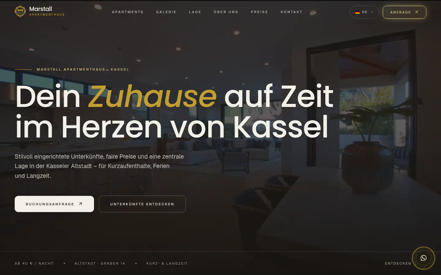 Marstall Home homepage with the 'Dein Zuhause auf Zeit' hero