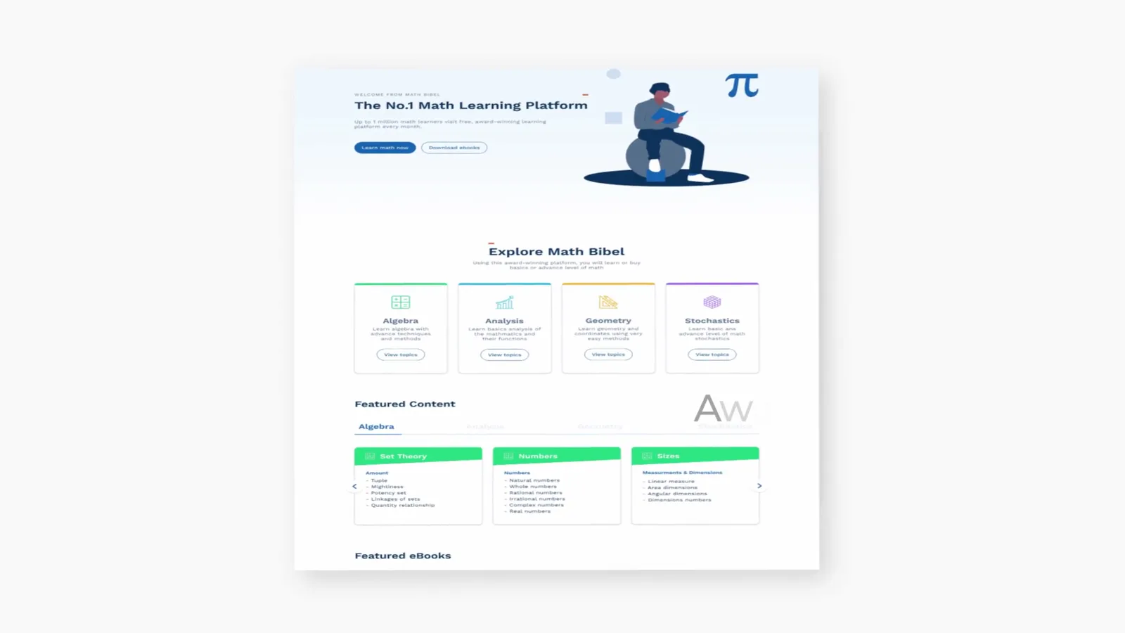 Mathebibel homepage with the algebra, analysis, geometry and stochastics topics
