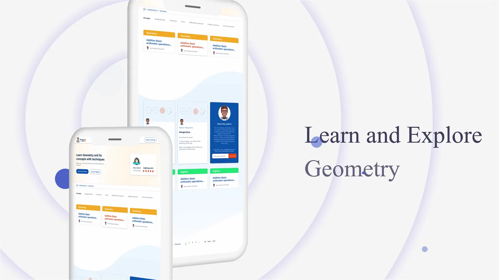 'Learn and Explore Geometry' with two phones showing topic pages