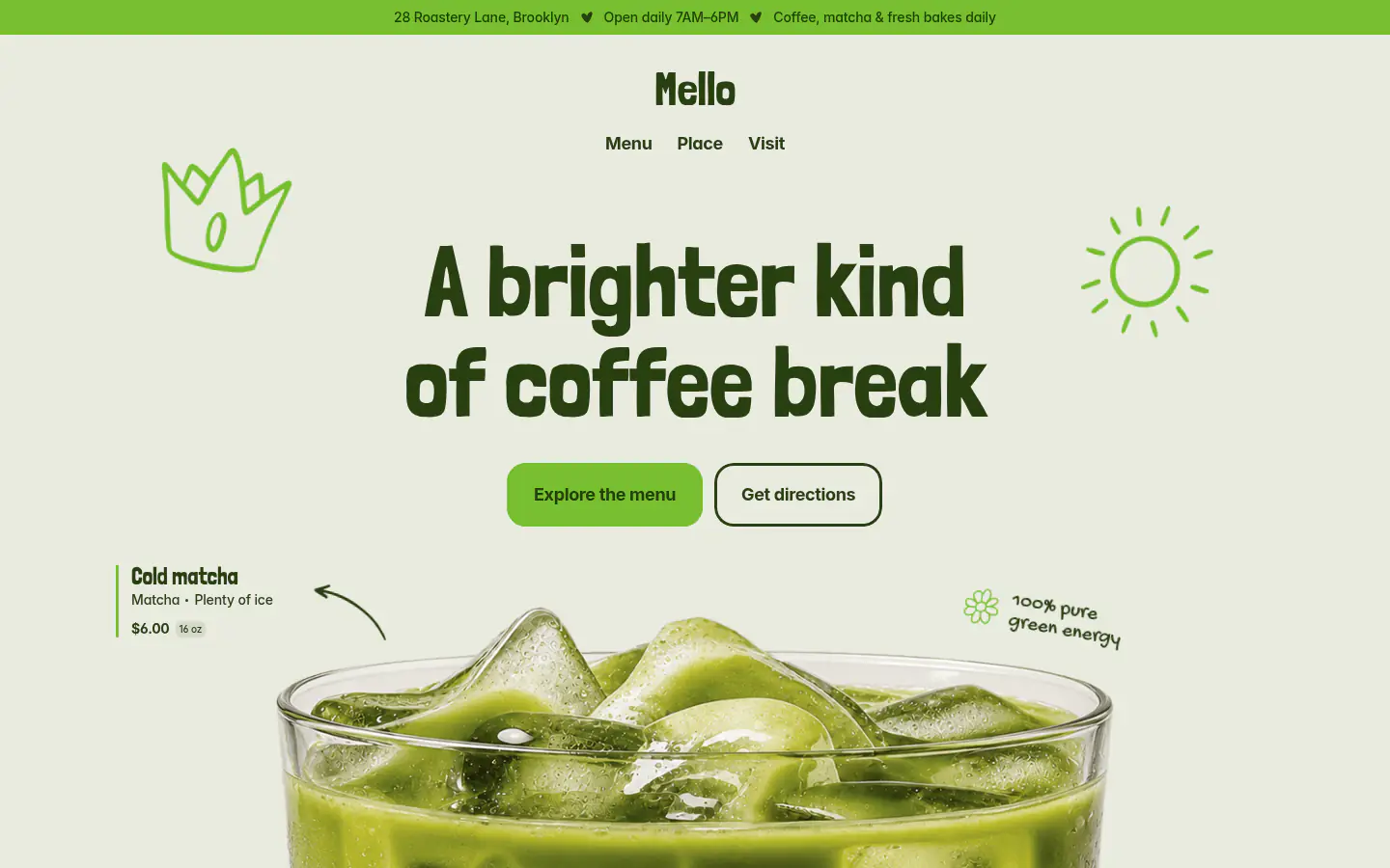 Mello homepage with the cold matcha hero and opening hours