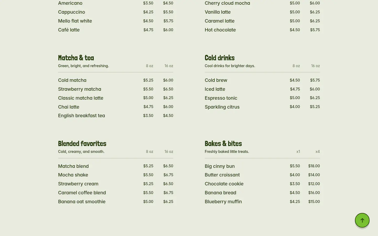 Full Mello menu – espresso, matcha, cold drinks and bakes