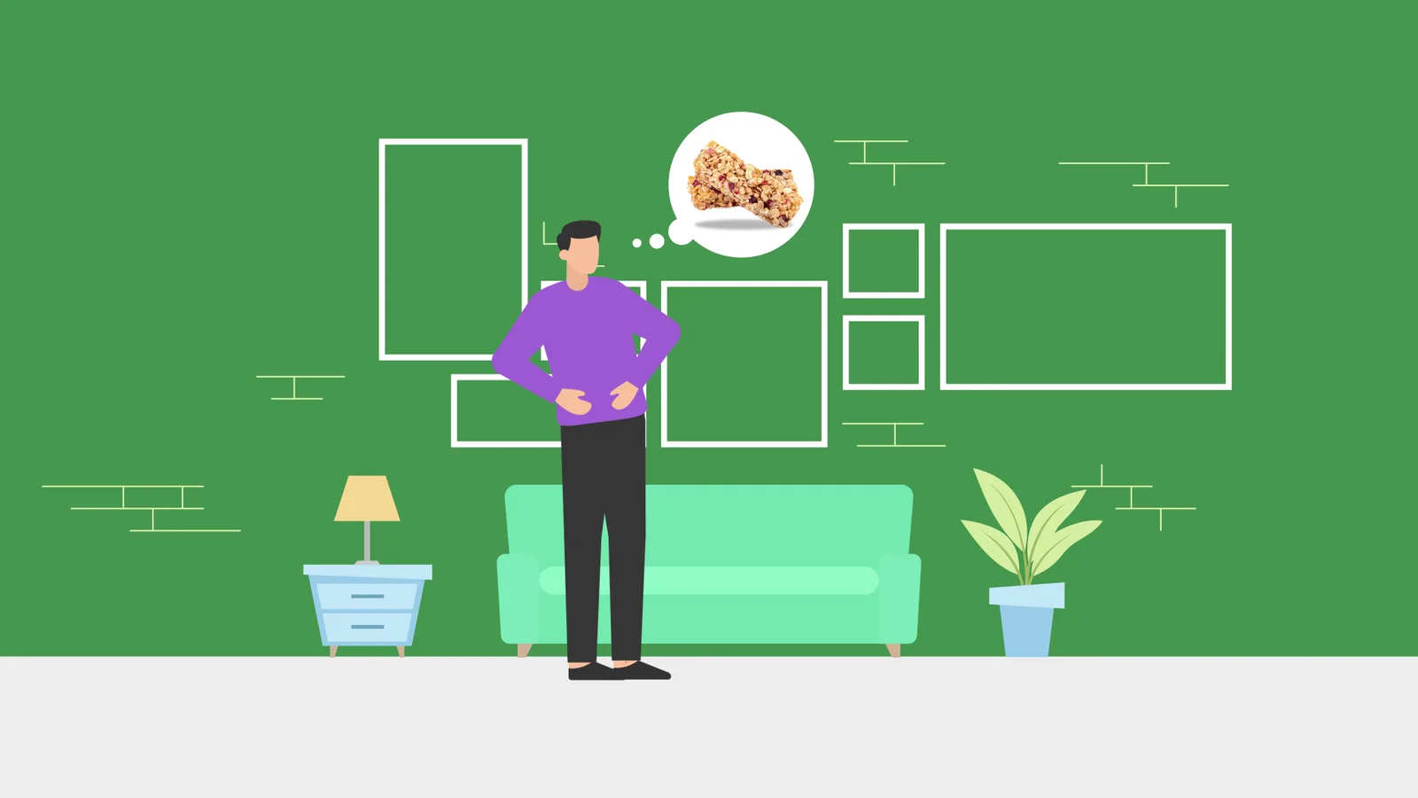 The character at home, thinking about a baked snack
