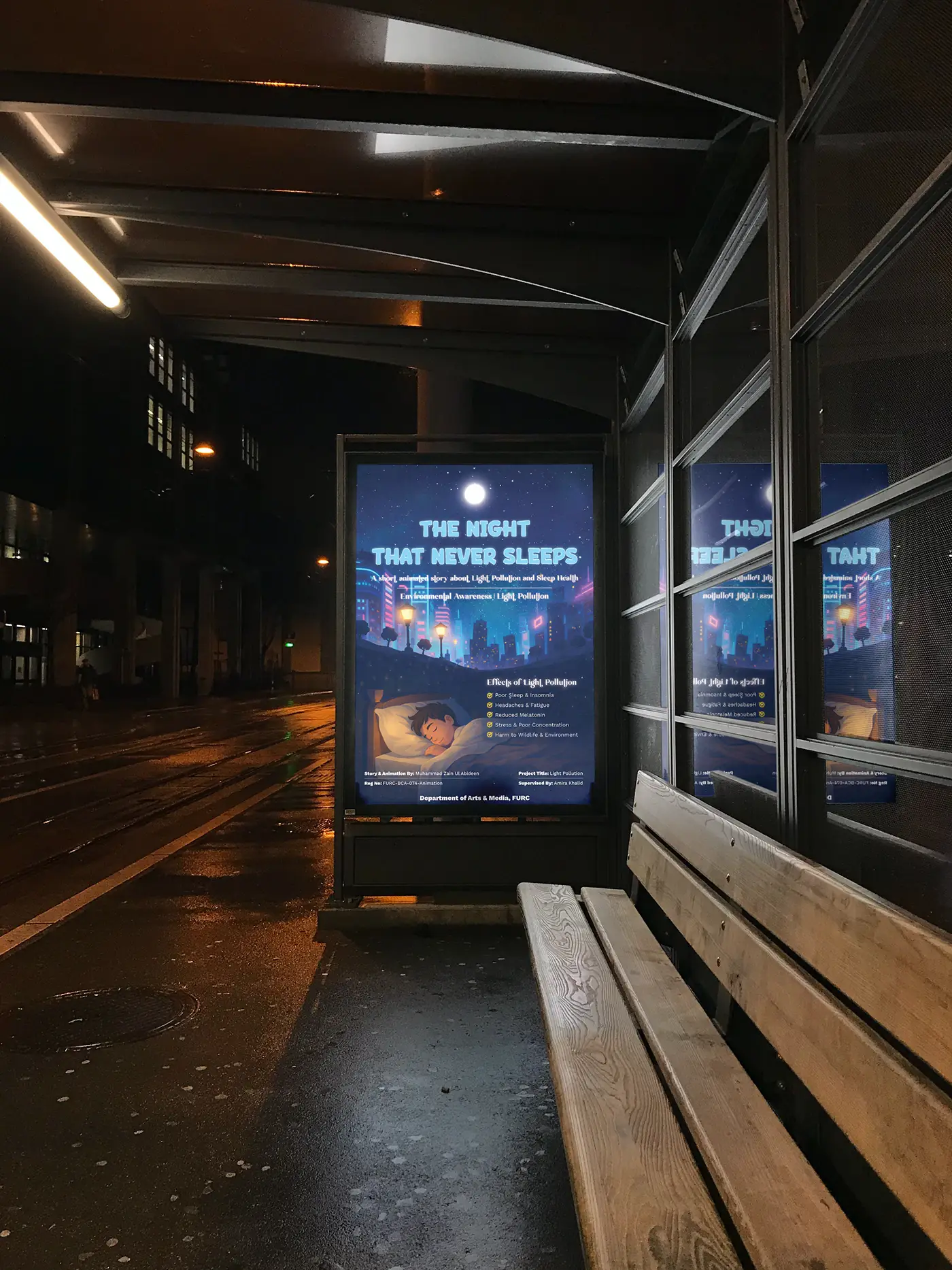 'The Night That Never Sleeps' poster at a bus shelter