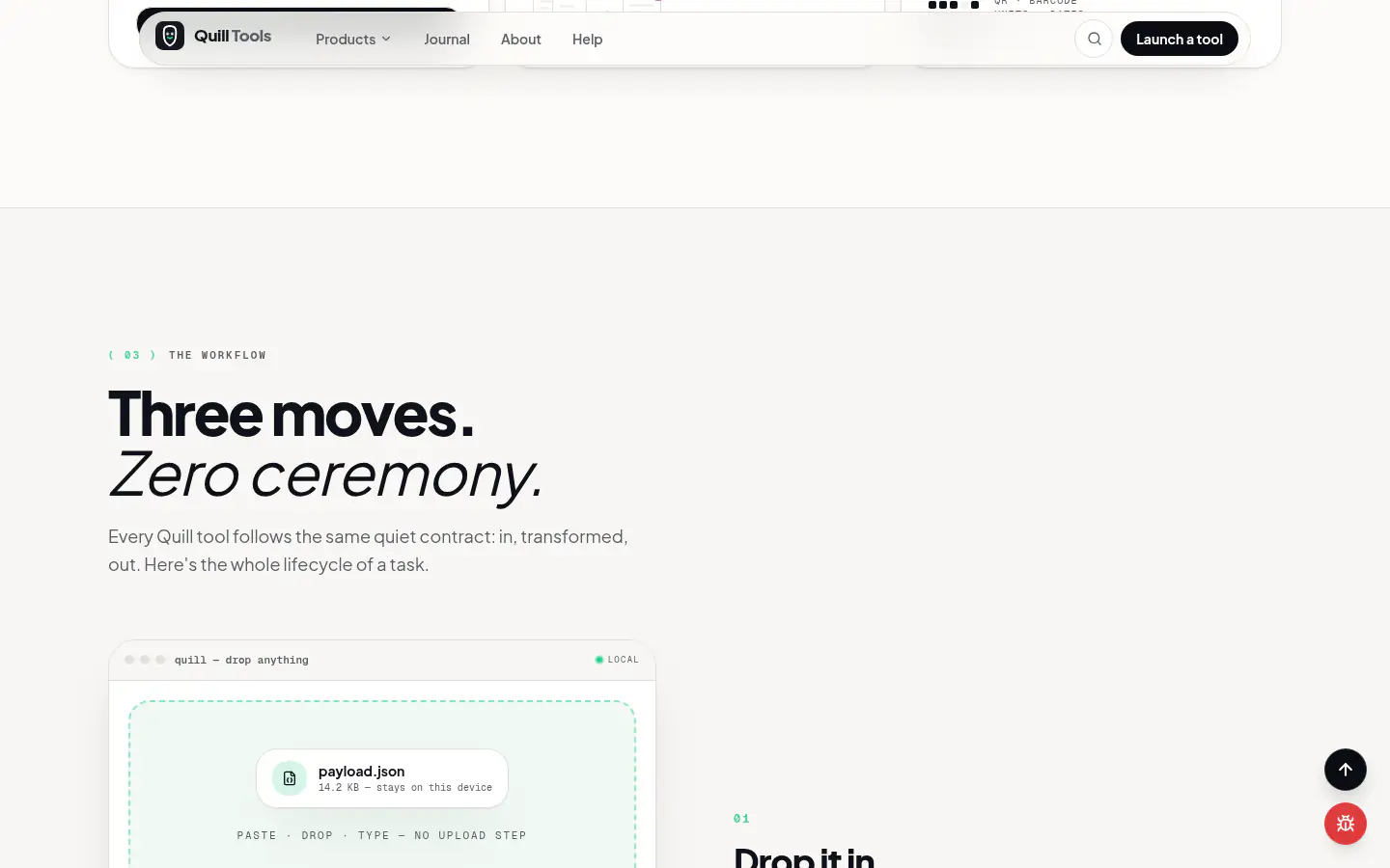 'Three moves. Zero ceremony.' section explaining the drop-in workflow