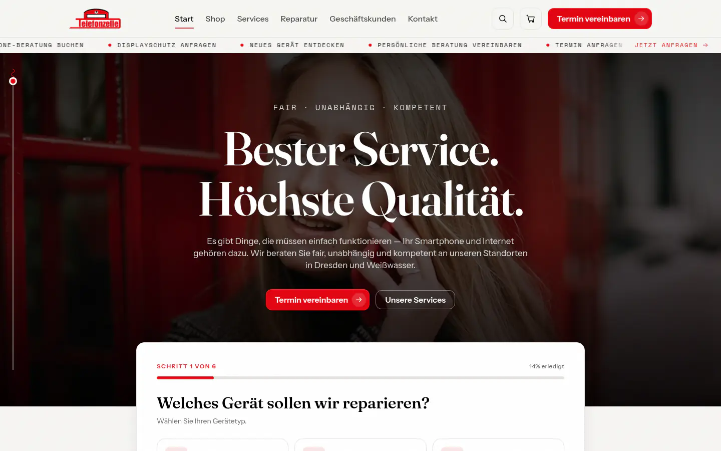 Telefonzelle homepage with the repair enquiry panel