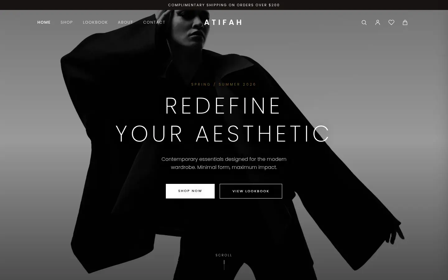 ATIFAH homepage with the 'Redefine your aesthetic' editorial hero