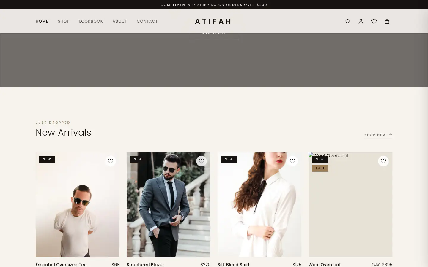 New arrivals grid with wishlist and quick-add controls