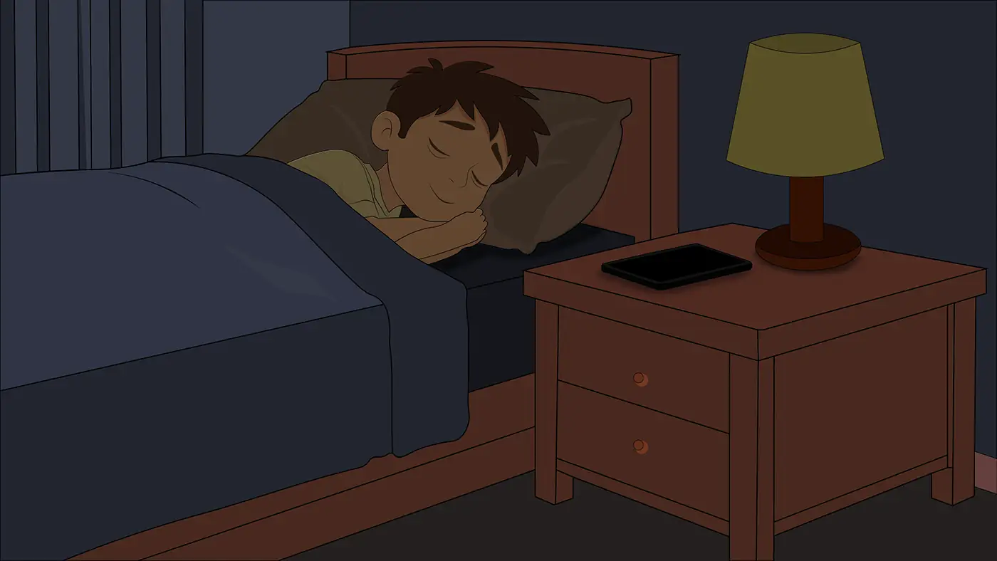 The boy lying awake in a dim bedroom