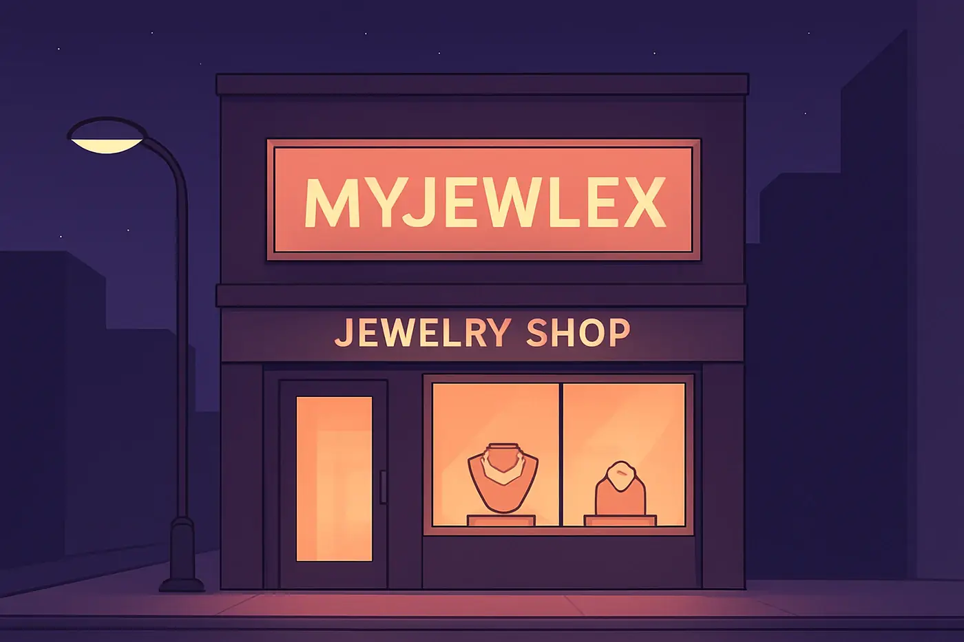 A brightly lit jewellery shopfront at night