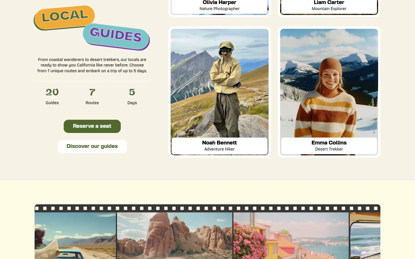Local guides section with guide profiles and a photo reel