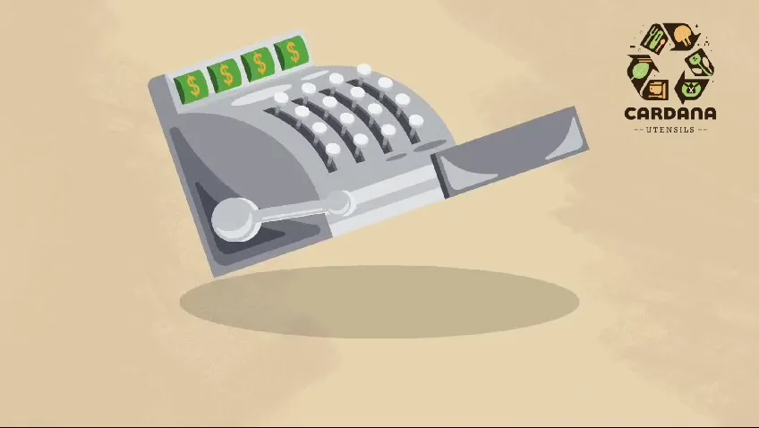 Cash register scene built from cutlery