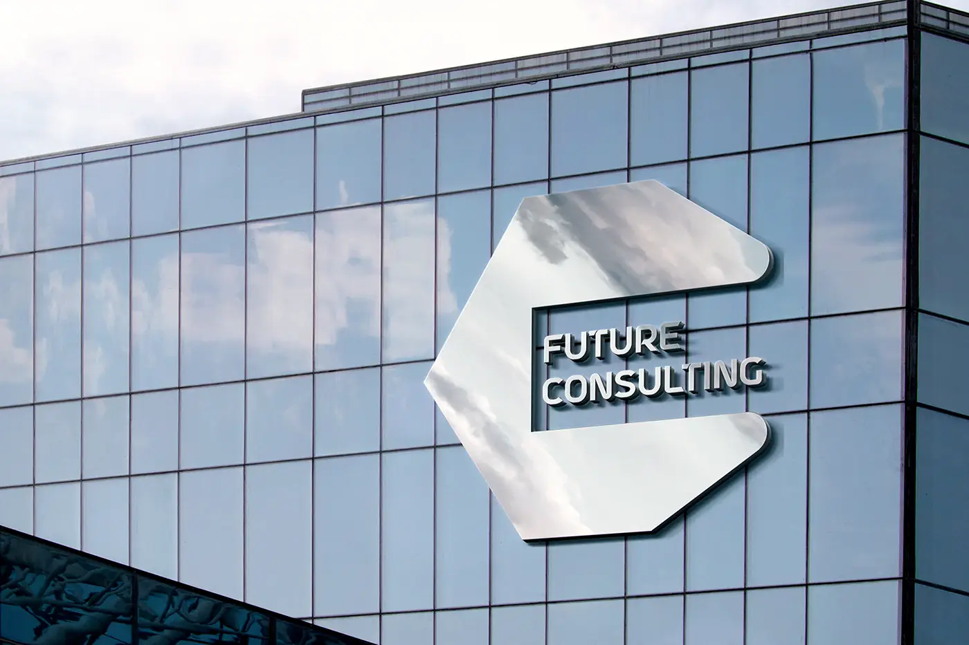 Futures Consulting logo as signage on a glass office building