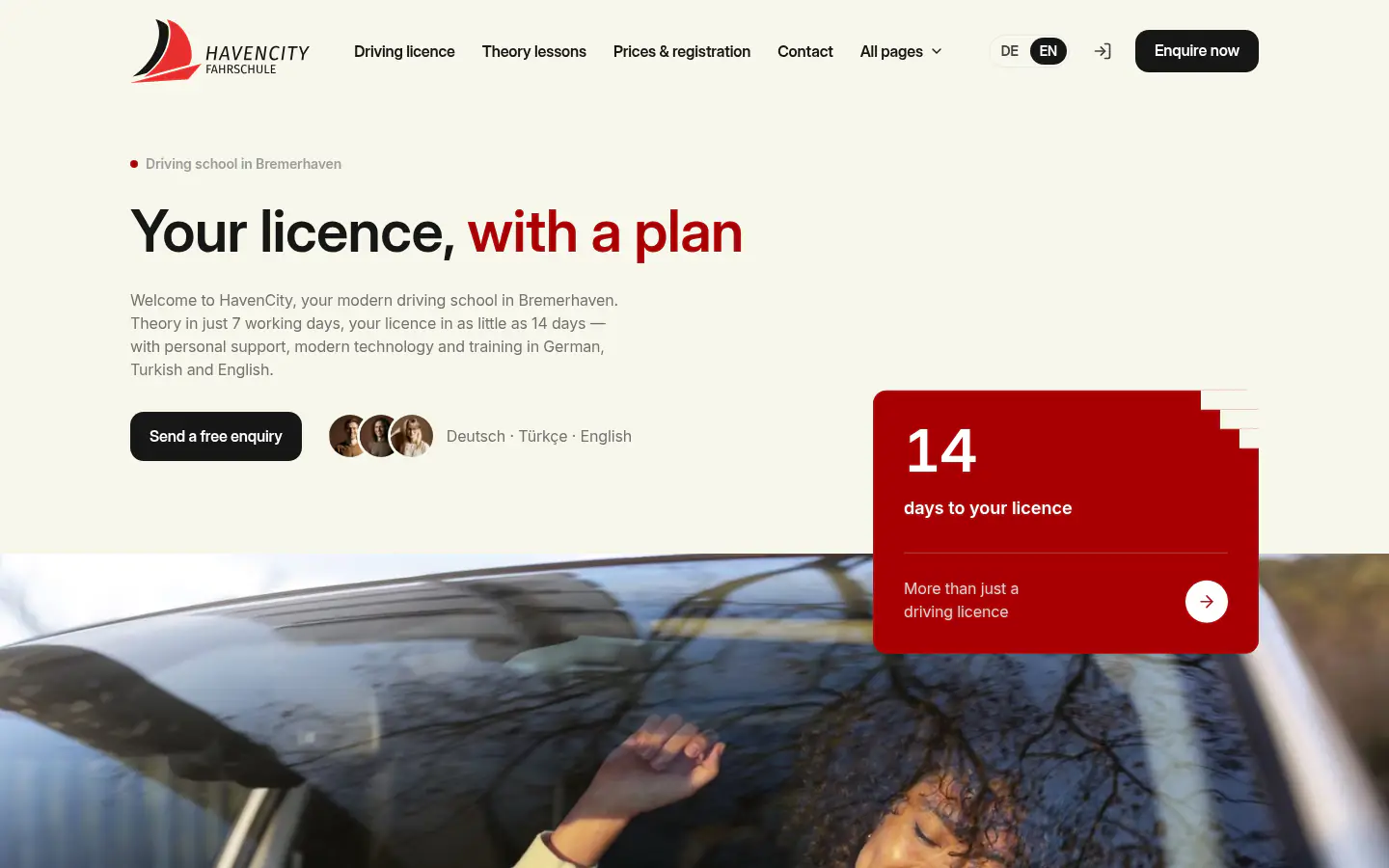 HavenCity homepage with the '14 days to your licence' claim