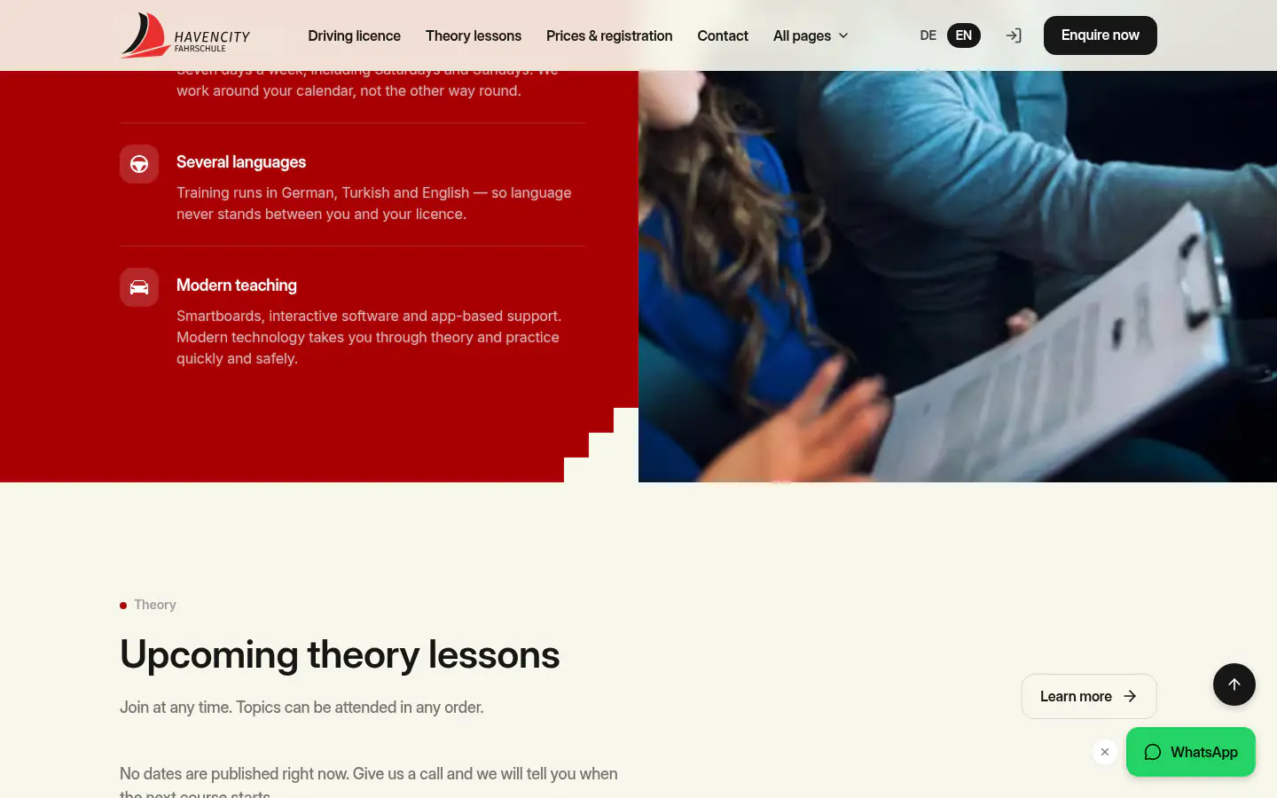 Upcoming theory lesson schedule and Instagram feed