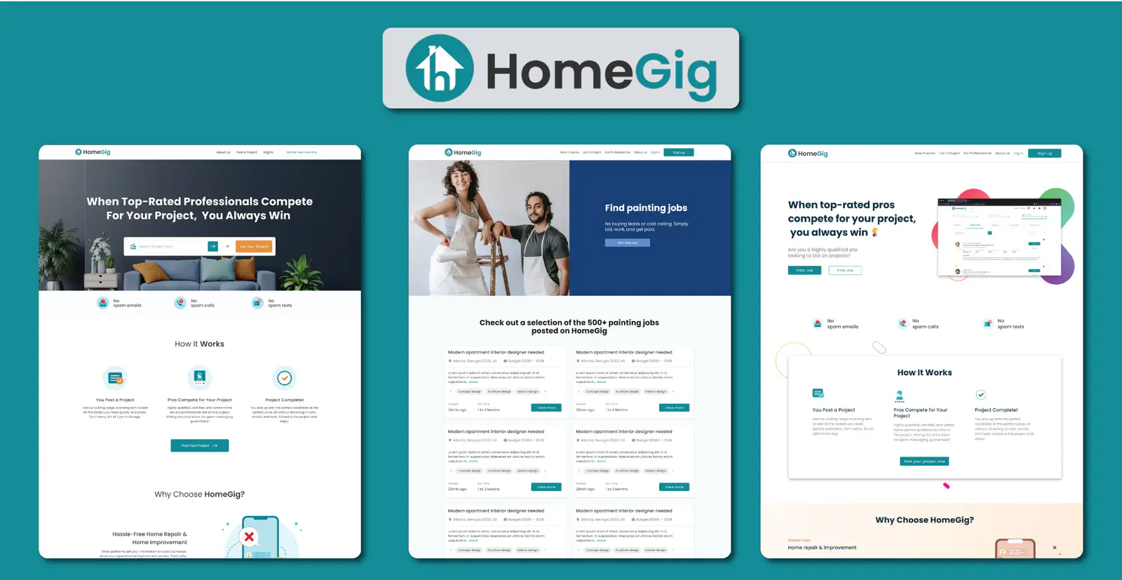 HomeGig marketplace website screens