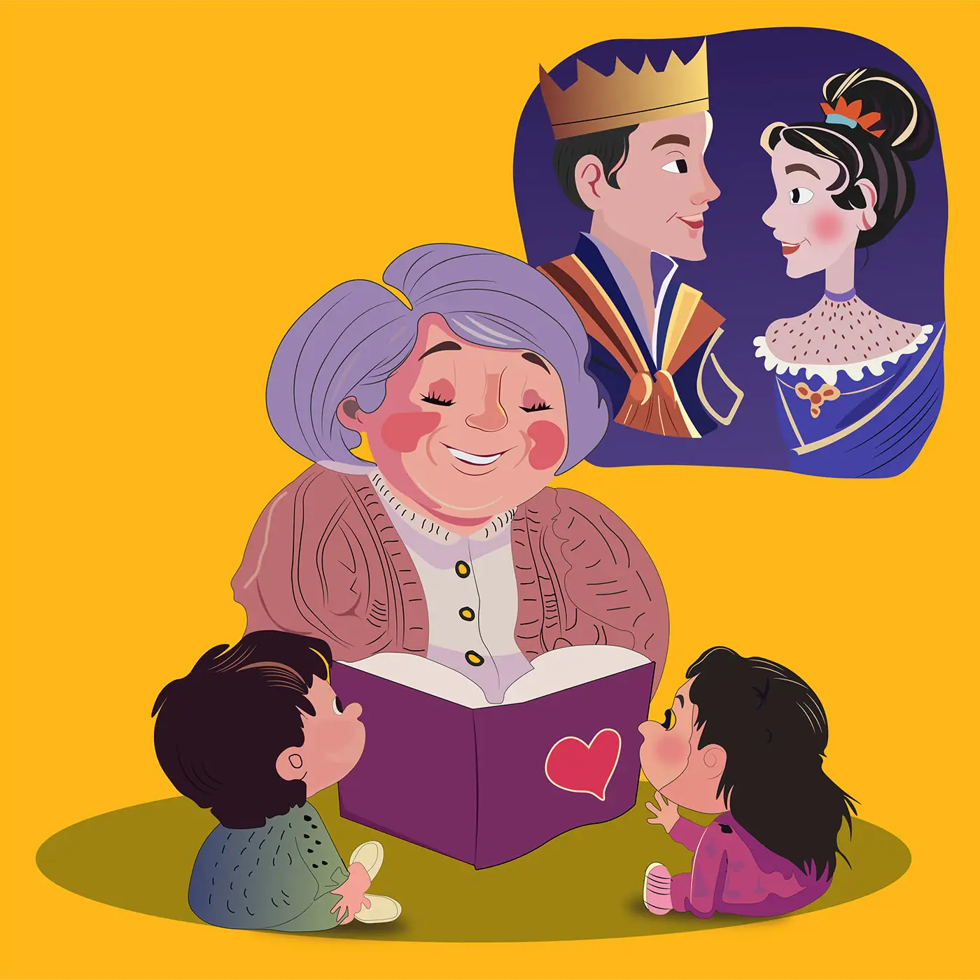 Illustration of a grandmother reading a fairy tale to two children
