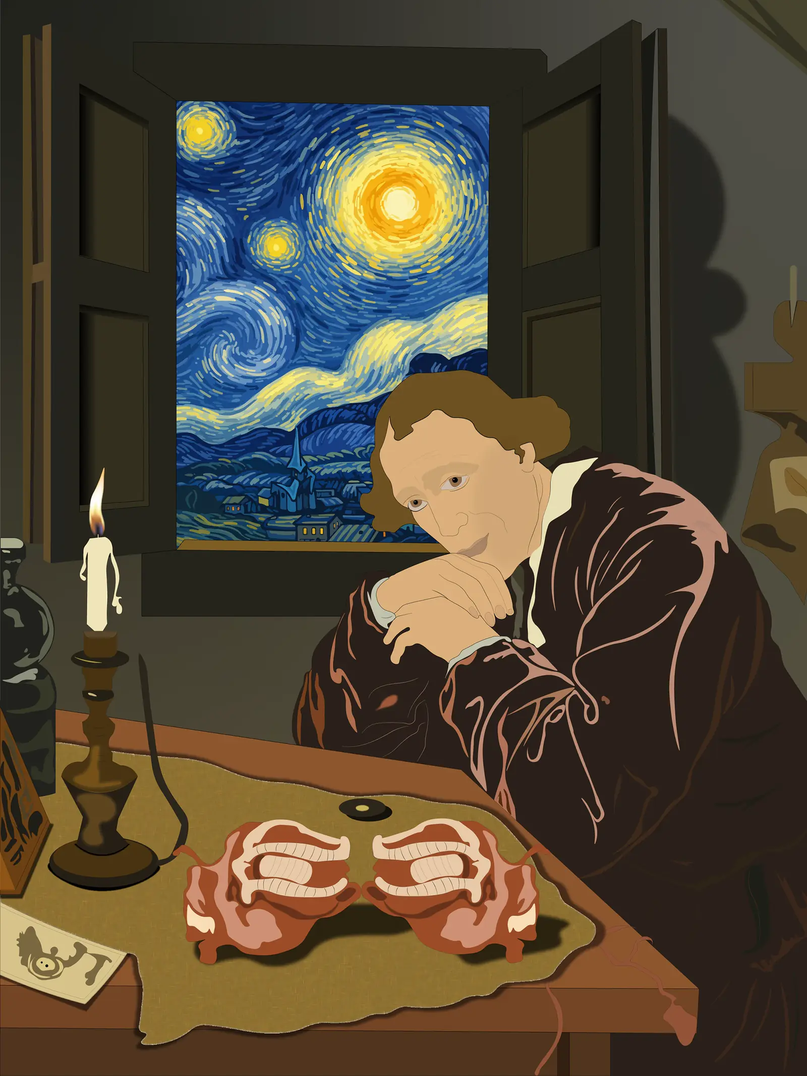 Illustration of a figure beside a Starry Night painting
