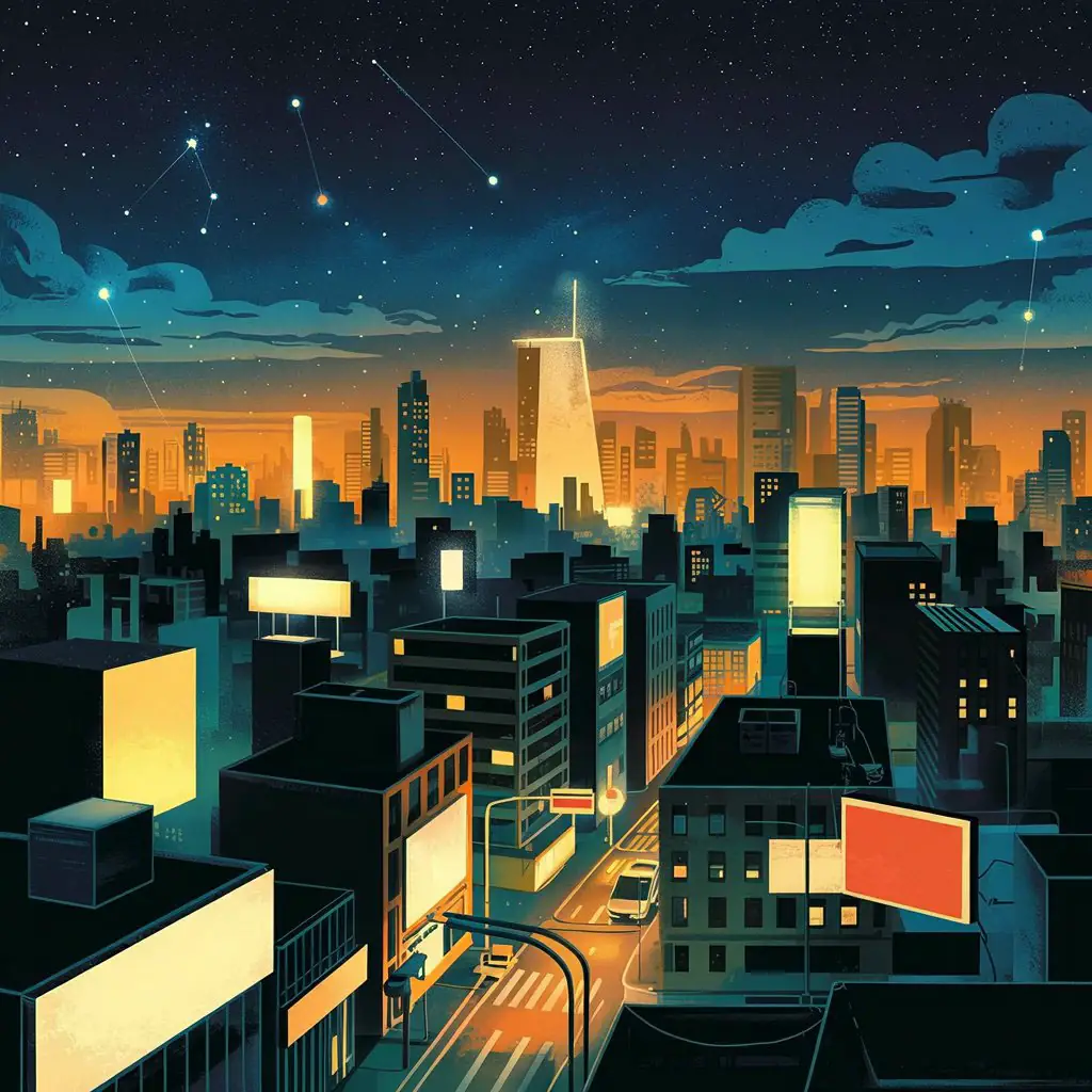City skyline glowing at dusk