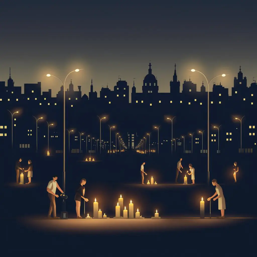 Candlelit figures against a darkened city skyline