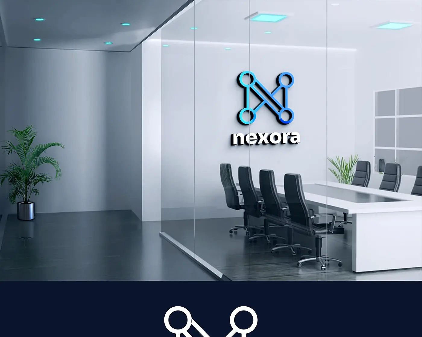 Nexora logo on an office glass wall