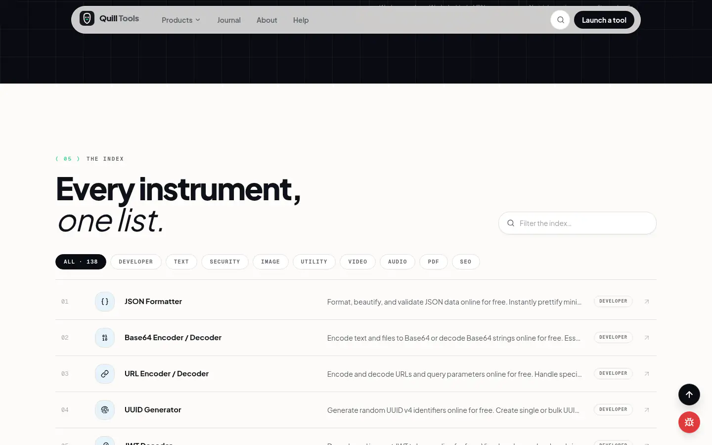 Searchable index listing every tool in the workbench