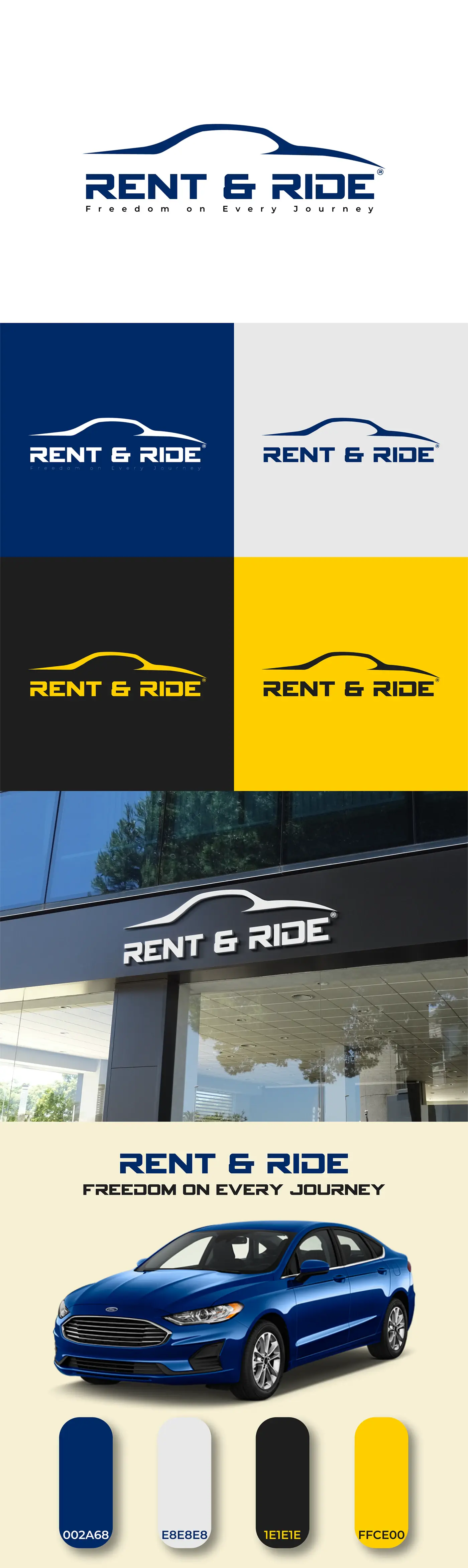 Rent & Ride brand board with logo, colourways and applications