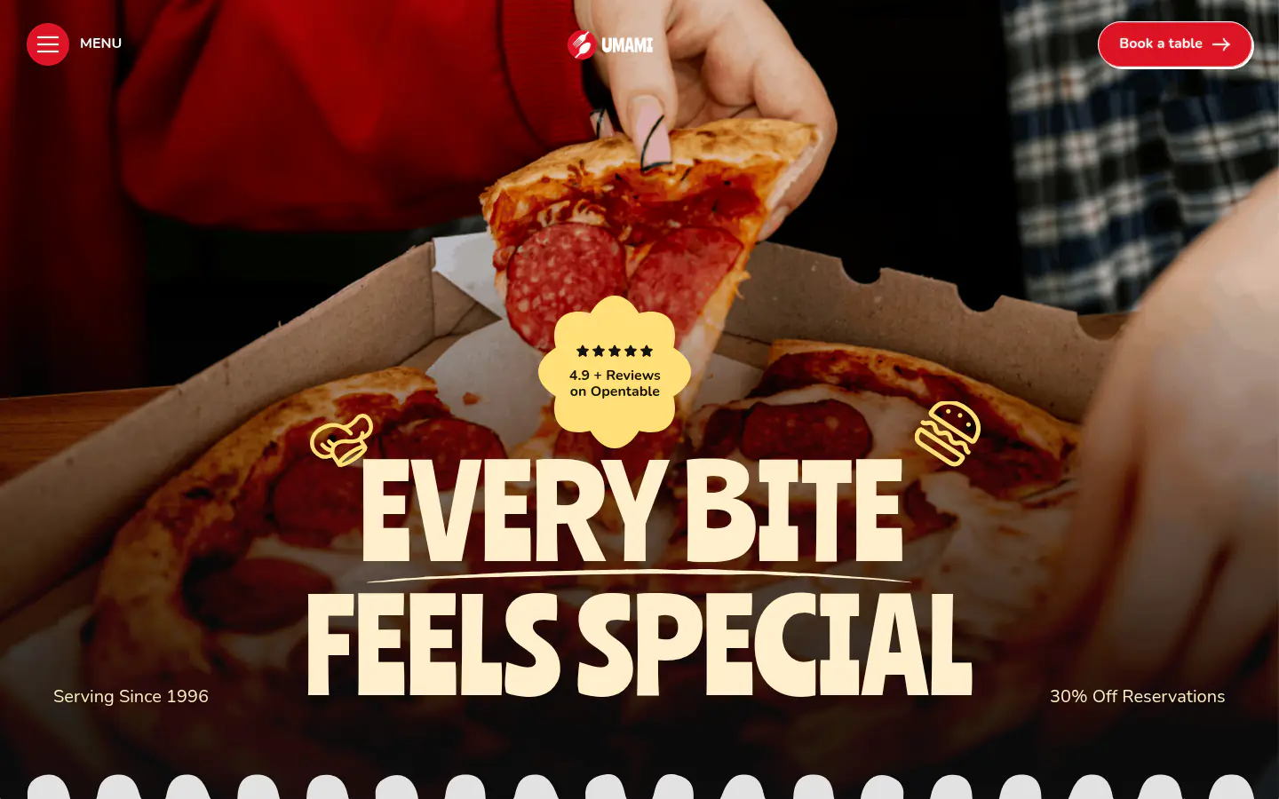Umami homepage with the 'Every bite feels special' hero and review badge