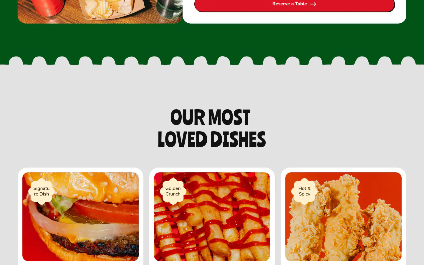 'Our most loved dishes' section with ordering actions