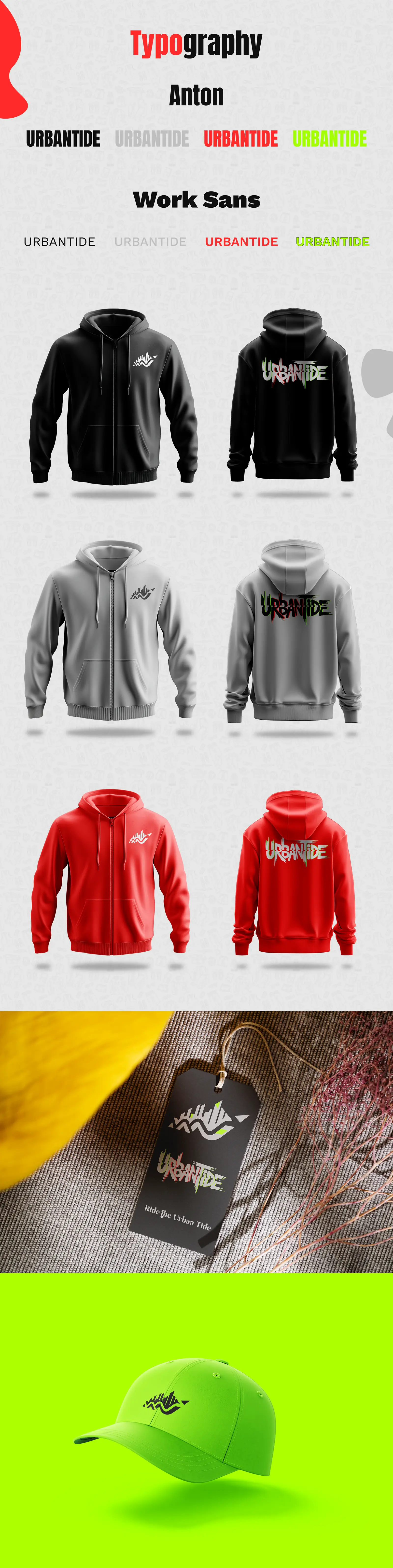 Urbantide typography board and hoodie applications