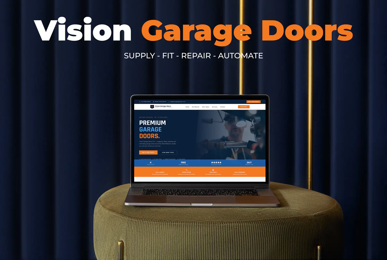 Vision Garage Doors homepage on a laptop