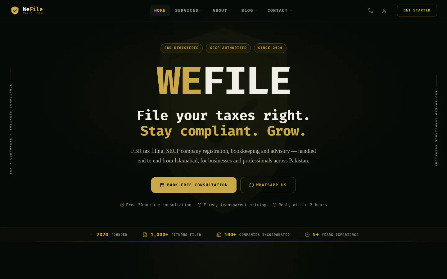 WeFile homepage with the 'File your taxes right' hero and credibility bar