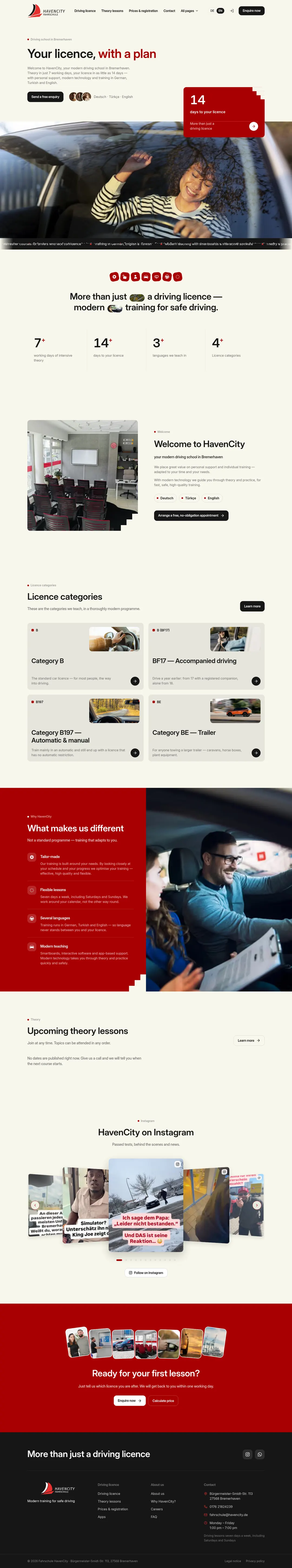 The full HavenCity Driving School landing page, top to bottom