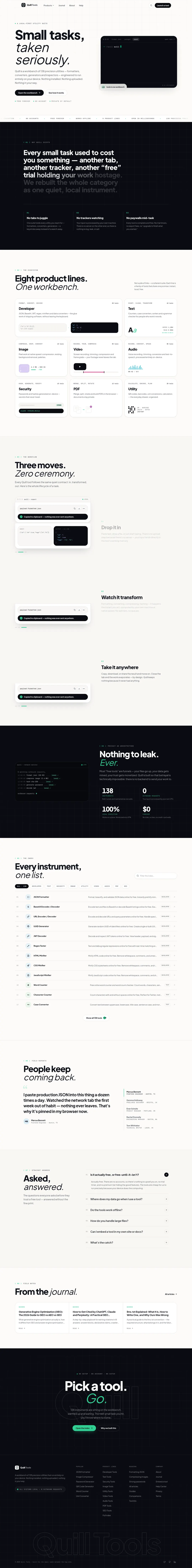 The full Quill Tools landing page, top to bottom