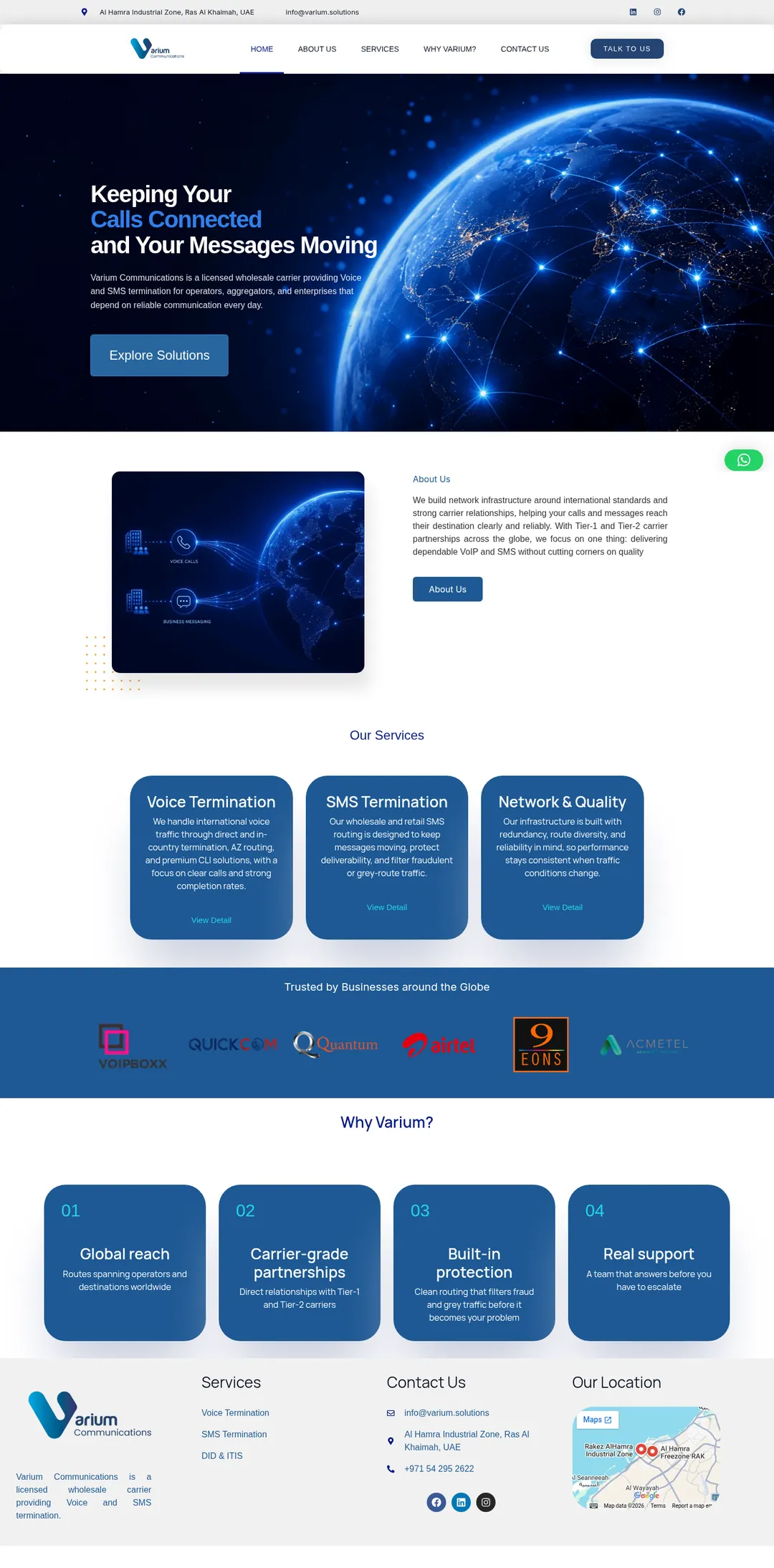 The full Varium Communications landing page, top to bottom